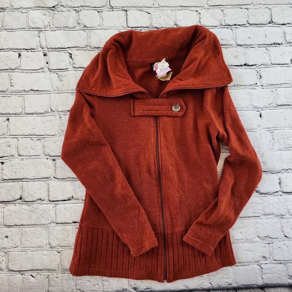 Lasania Womens Rust Orange Full Zip Shawl Collar Ribbed Knit Sweater Size Small